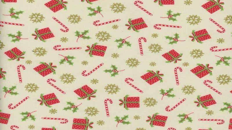 Cotton Christmas Fabric In A Cream Metallic Candy Cane Print - Christina's Fabrics Online Superstore. Shop now
