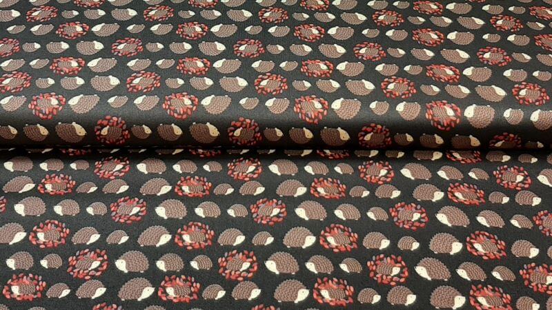 Cotton Fabric In Dark Brown With A Hedgehog Print - Christina's Fabrics - Online Superstore. Shop now