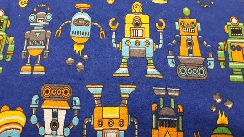 Flannel Fabric In Blue With A Robot Print - Christina's Fabrics - Online Superstore. Shop now