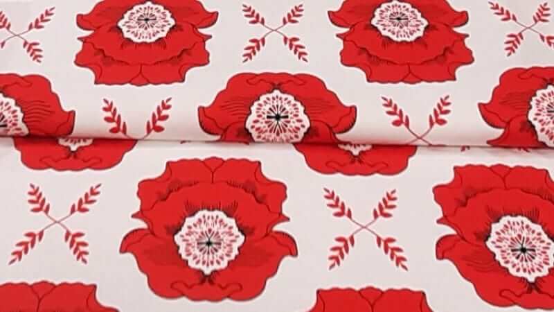 Cotton Fabric In White With A Red Flower Print - Christina's Fabrics - Online Superstore. Shop now