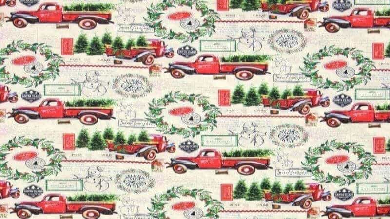 Cotton Christmas Fabric In White With A Red Truck Print - Christina's Fabrics Online Superstore.  Shop now 