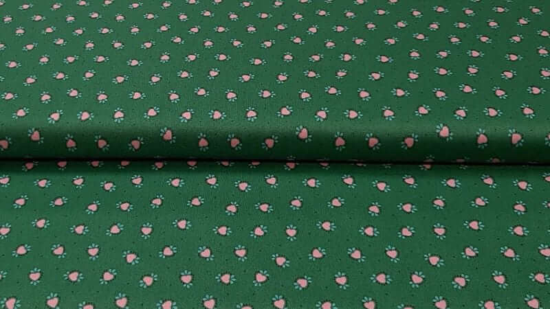 Cotton Fabric In A Green Background Color With A Pink Heart Print - Christina's Fabrics - Online Superstore.  Shop now 