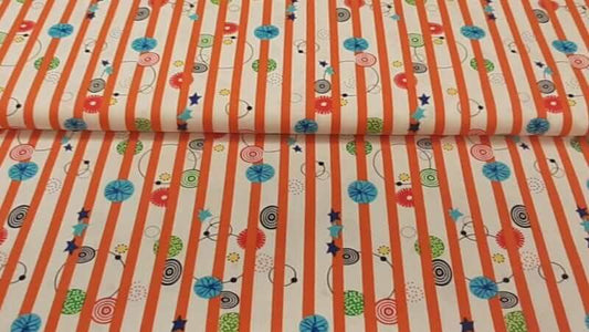 Cotton Fabric In A Orange Stripe With A Playful Print - Christina's Fabrics - Online Superstore.  Shop now 
