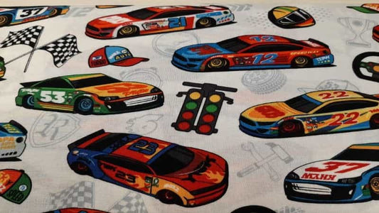 Cotton Fabric In White With A Race Car Print - Christina's Fabrics - Online Superstore.  Shop now 