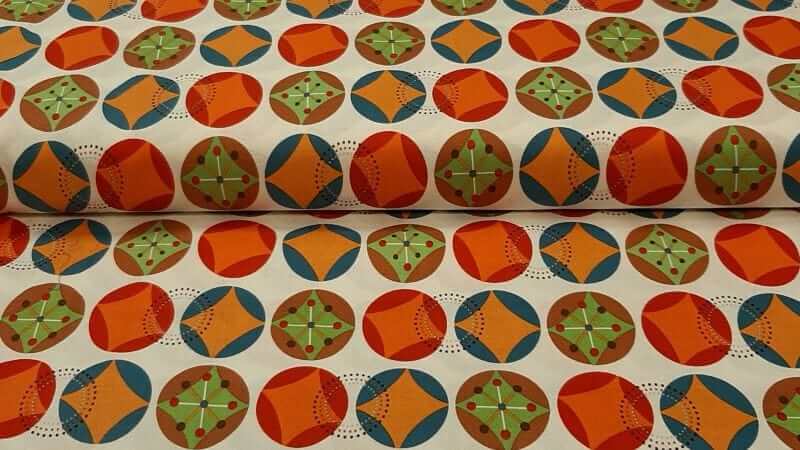 Cotton Fabric In White With Multi-Colored Shapes - Christina's Fabrics - Online Superstore.  Shop now 